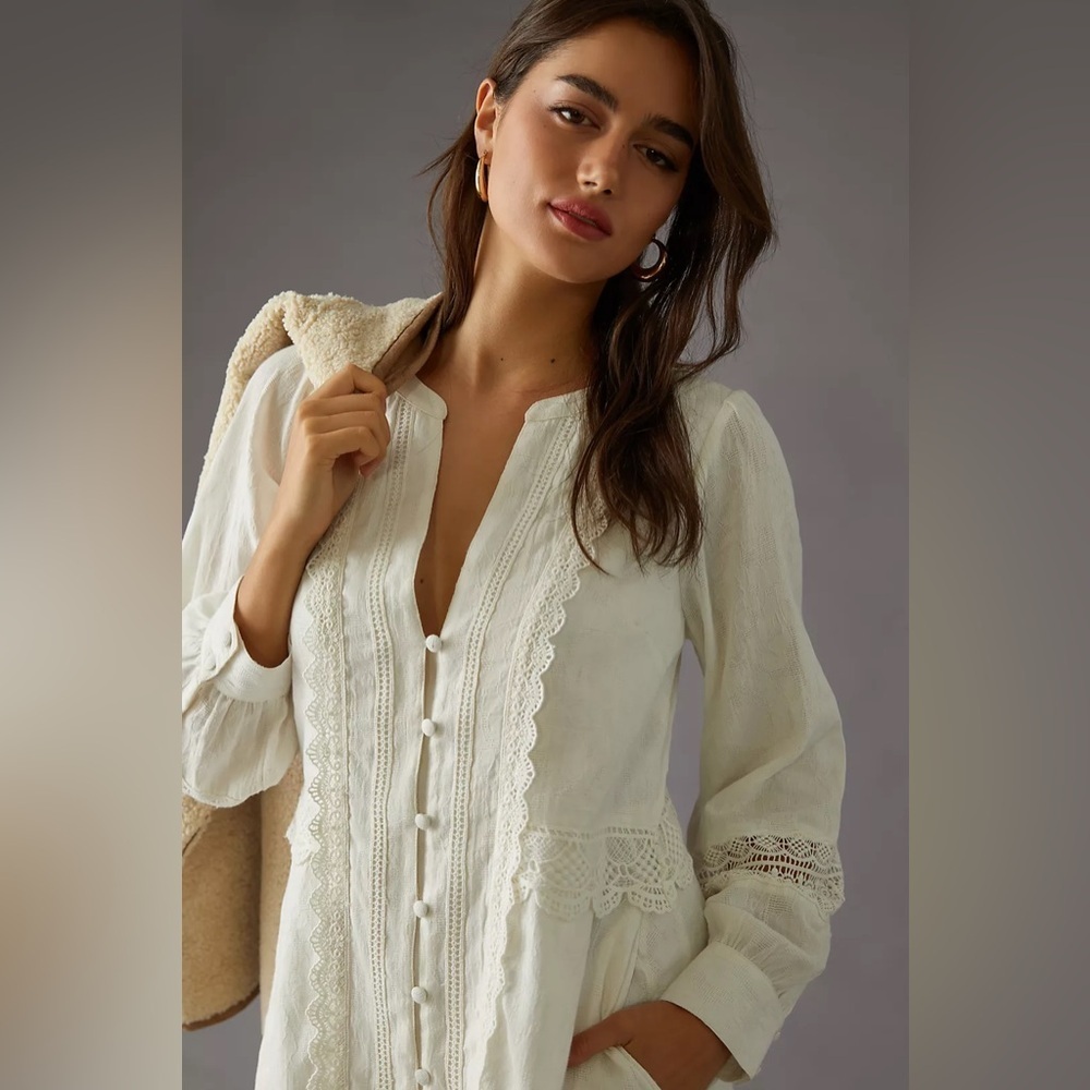 Anthropologie White Long Sleeve Dress Size Medium - Picture 8 of 12